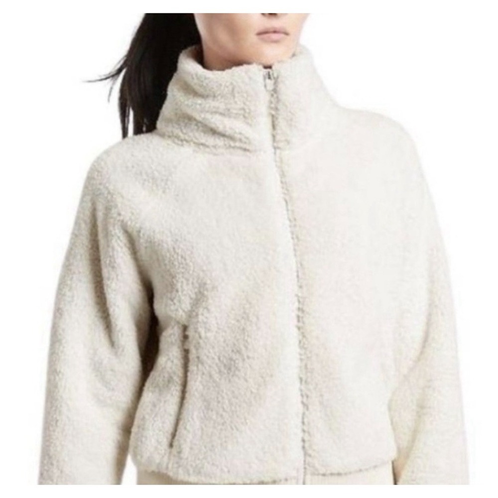 Athleta Sherpa Fleece Bomber Jacket Ribbed Cuffs Mock Neck‎ Zip Up Womens Large